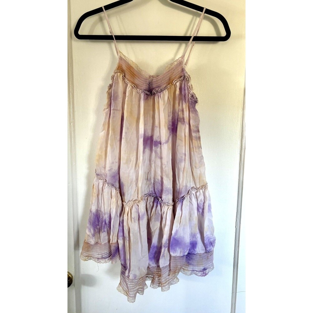 Anthropologie Tie-Dye mini Slipdress Purple/Beige fairy asymmetric lace hem XSP
